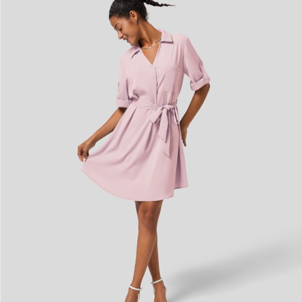 HALARA Light Pink Mini Dress with Tie Waist